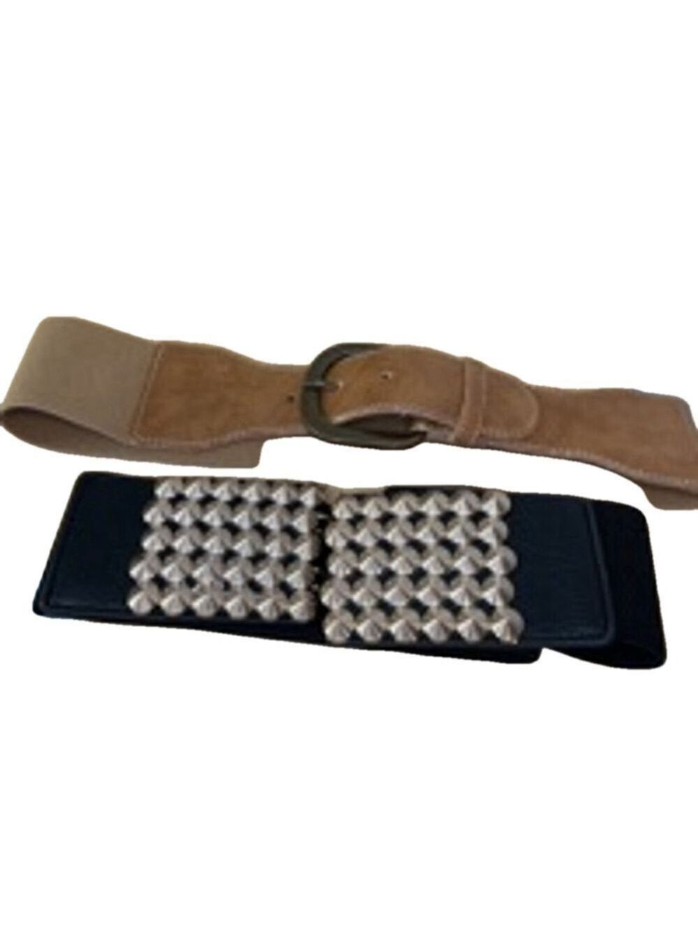 Two Wide Elasticised Belts Tan Brown Faux Leather / Black w/ Silver Studs 25-32”
